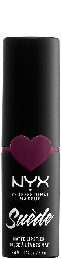 A black lipstick tube with a purple heart and NYX branding, labeled as Suede matte lipstick.