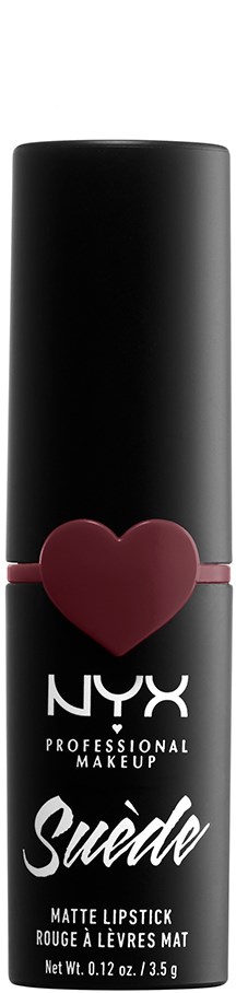 En svart läppstiftstub med en röd hjärtform och vitt text, som reklamerar NYX Suede matta läppstift.