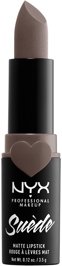 Ett NYX matte läppstiftsrör med beige färg och en hjärtformad design på det svarta locket.