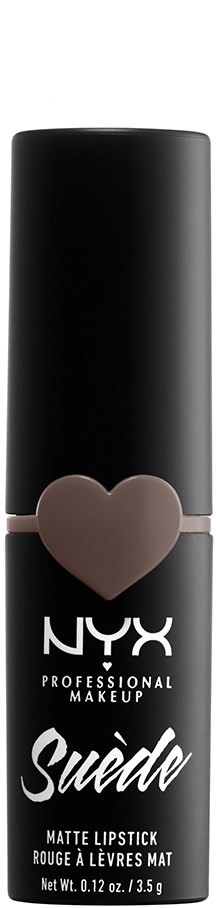 Svart läppstiftstubb med ett hjärtformat band och vit text, märkt NYX Suede Matte Lipstick.
