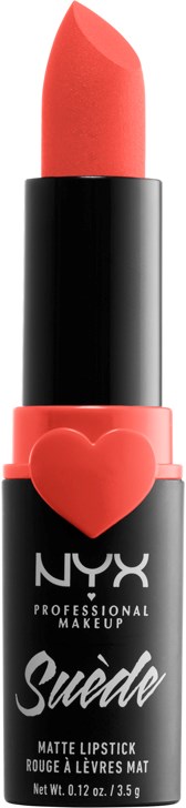 En svart läppstiftstubb med ett rött hjärta, märkt NYX Suede matt läppstift.