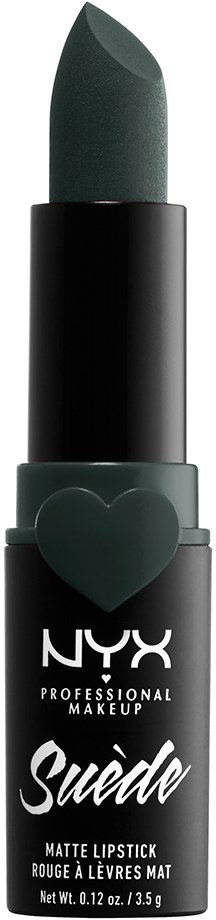 En svart läppstiftstift med hjärtformat lock och NYX-logga, märkt som matt läppstift, Suedo färg.