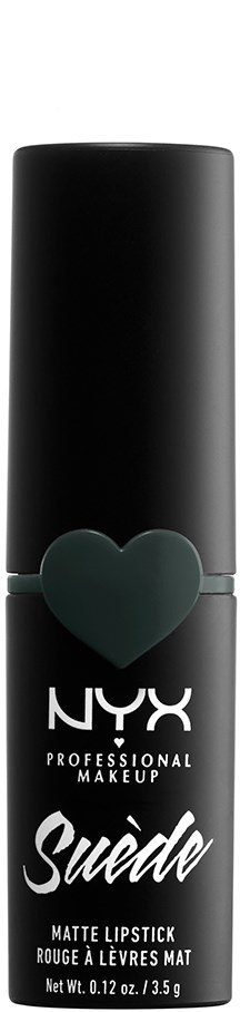 En svart läppstiftstubb med ett grönt hjärta på, märkt NYX Suede Matte Lipstick.