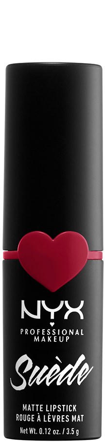 Ein schwarzer Lippenstift mit rotem Herz und weißen Text, gekennzeichnet NYX Suede Matte Lipstick.