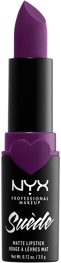 A purple lipstick with a black base and a purple heart shape detail above the brand name.