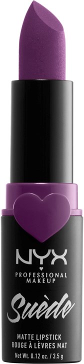 En lila läppstift med svart och lila svart, med ett hjärtformat mönster. Märket är NYX Suede Matte Lipstick.