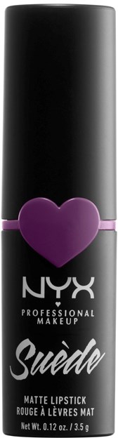 En svart NYX läppstiftstub med ett lila hjärta och orden 'Matte Lipstick' och 'Swede' på.