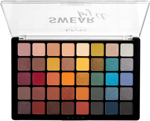 A colorful eyeshadow palette with 35 different shades in a plastic case with a clear lid.