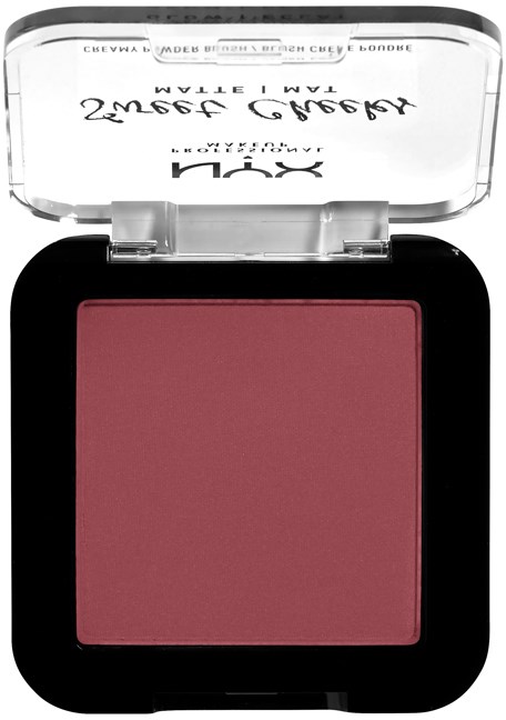 En rosa rouge i ett runt kompakt med ett genomskinligt lock, märkt med varumärke och produktdetaljer.