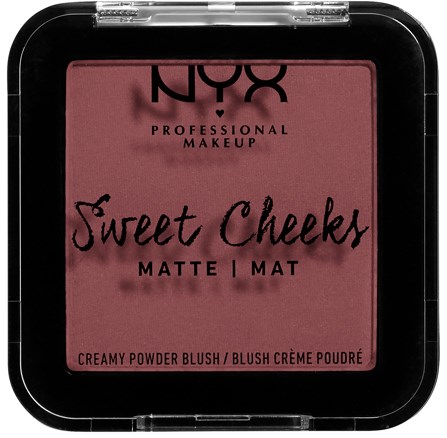 En makeuprouge med rosa pulver och svart text, märkt 'Sweet Cheeks' för matt eller glansig användning.