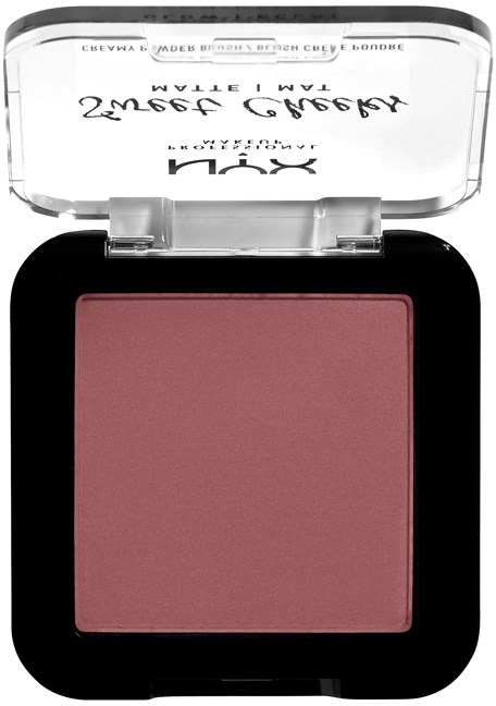 En rosa rouge i ett svart compact med genomskinligt lock.