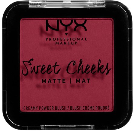 En rosa och svart makeup-kompakt med NYX-logga, märkt 'Sweet Cheeks' rougen, och text som beskriver den som matta och krämiga.