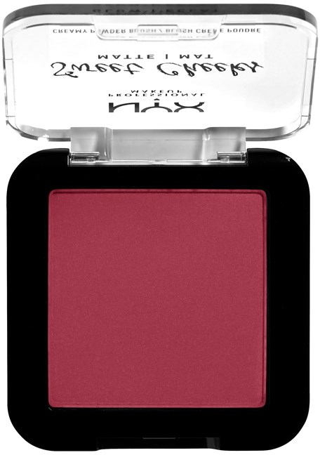Ett makeuprouge i en svart fyrkantig dosa med genomskinligt lock, med ett ljusstarkt rosa färgval.