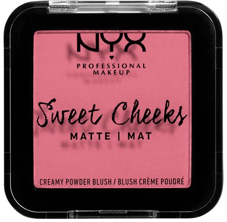 Rosa sminke blush med svart tekst, merket 'Sweet Cheeks' og 'Matte I Mat' for ansiktsfarge.