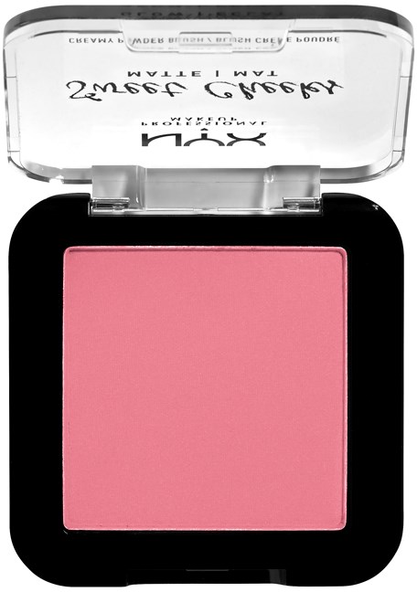 Rosa blush i en liten svart kompakt med gjennomsiktig lokk.