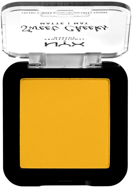 Yellow makeup product in a black case with a clear lid, shaped as a square.