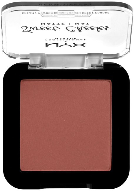 En fyrkantig blushkompakt med ett tydligt lock och rosa matta blush inne.