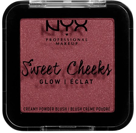 Ein rosa Puderrouge mit Glitzer in einer schwarzen quadratischen Verpackung mit Marken- und Produktnamen.