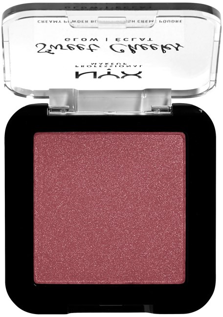Ein pinker, glitzernder Rouge in einer schwarzen Kompaktbox mit durchsichtigem Deckel.