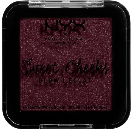 A square makeup blush container with dark pink glittery powder and black edges, labeled 'Sweet Checks' by NYX.