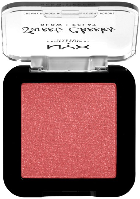 A pink blush makeup pressed powder inside a black compact with a clear lid.