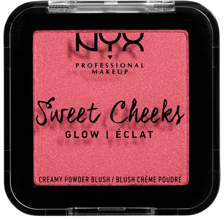 A pink blush compact with black and white text, showing the brand NYX and product name Sweet Cheeks.