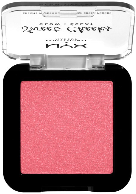 A pink blush in a black compact with a transparent lid. The lid has some writing on it.