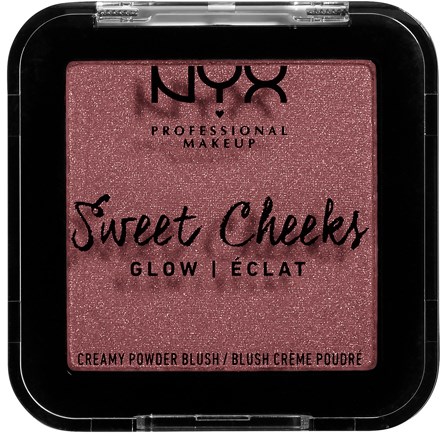 A pink blush with a shimmery surface in a black square compact, labeled as NYX Sweet Cheeks glow blush.