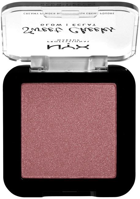 A pink shimmery blush in a black compact with a clear lid. The lid has text on it.