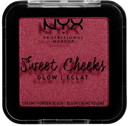A pink blush with sparkles in a black compact, labeled 'NYX Sweet Cheeks Glow' for makeup.