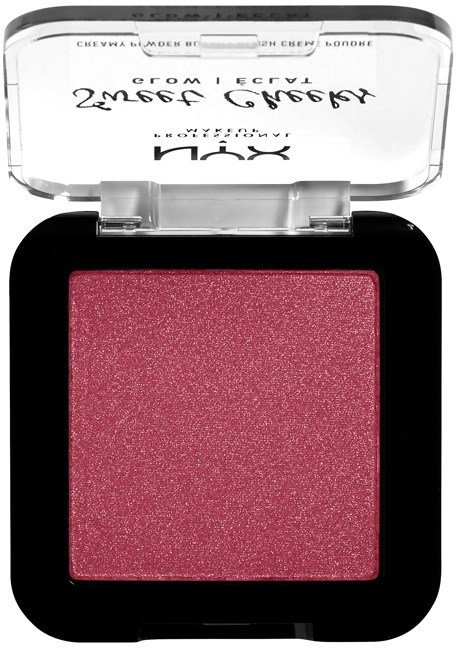 Pink eyeshadow with shimmer in a black square compact with a clear lid.