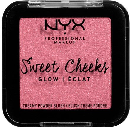 A pink blush makeup product in a black case, with black and pink text, labeled as 'Sweet Checks Glow' and 'Creamy Powder Blush.'