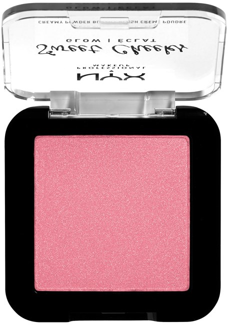 A pink blush inside a black compact case with a clear lid. The lid has text and logo on it.