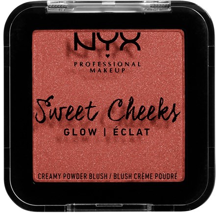 En rougegömma med rosa puder, märkt NYX, avsedd för makeup, med ord som  ay, glow och blush.