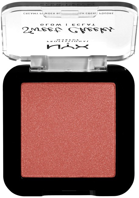 En rosa blush med glittrig finish i ett svart kompaktlock med genomskinlig lock.