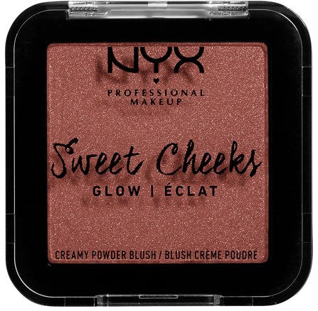 A pink, shimmery blush compact with black and white text, labeled as NYX Sweet Cheeks Glow, cream powder blush.