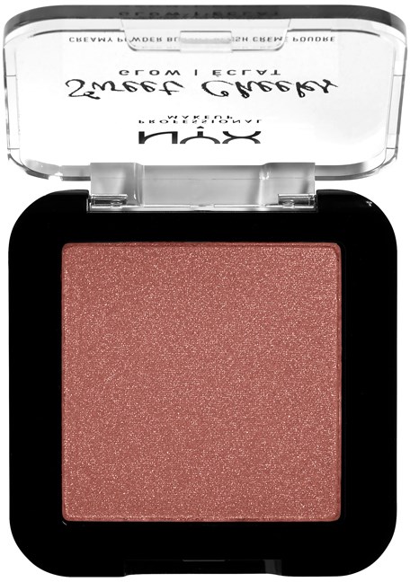 A pinkish blush in a compact with a clear lid and black base.