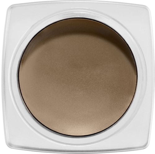 En beige puder i en vit fyrkantig låda med ett runt transparent lock.