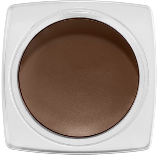 En brun, rund makeup-varer i en hvid firkantet beholder, sandsynligvis øjenskygge.