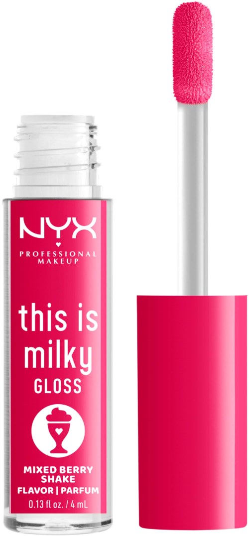 En rosa läppglansbehållare med vit appliceringssvamp och en etikett som säger "this is milky" och "NYX".