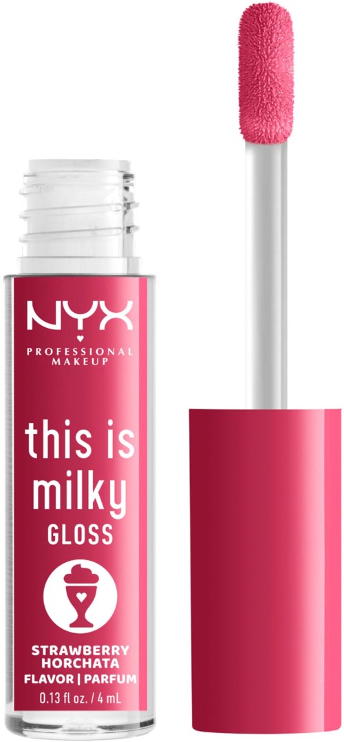 Pink lipglansbehållare med applikator, märkt 'NYX this is milky GLOSS' i rosa och vitt.