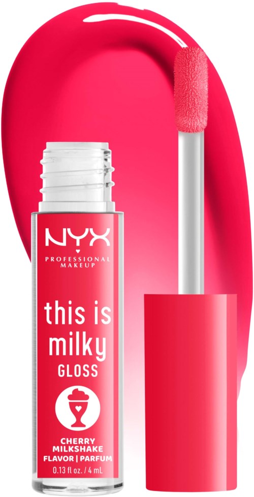 Rosa läppglansflaska med applicator och bakgrundssmäck av gloss, märkt "this is milky" i vitt text.