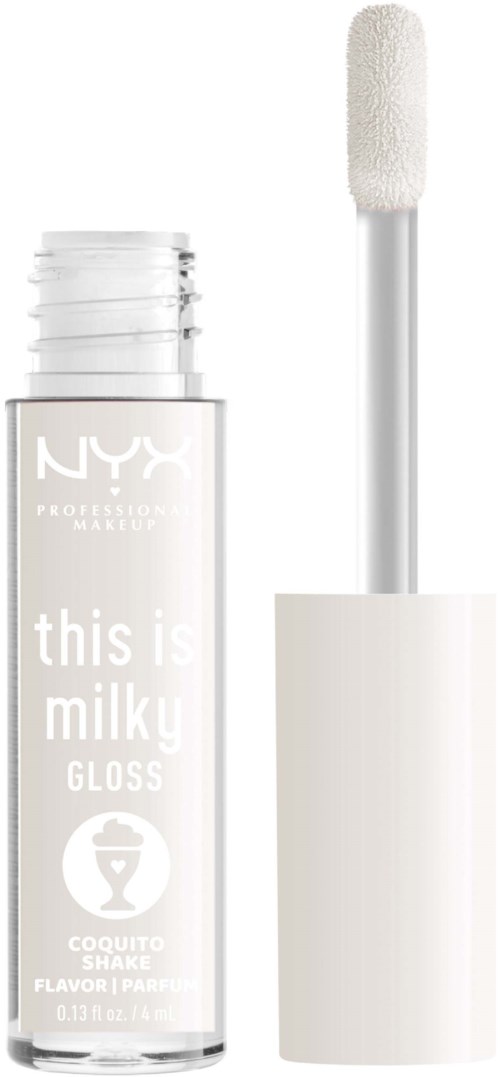 Lip gloss tube with applicator, labeled 'this is milky gloss,' suggesting a shiny, light-colored product.