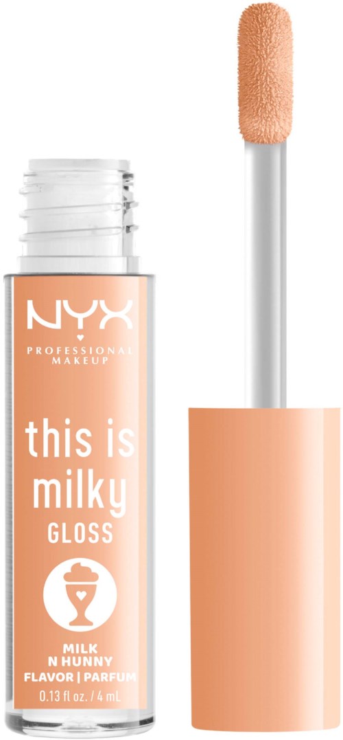 Läppglansrör med pepparmyntsfärgad kork och fluffigt appliceringsverktyg. Märket säger "this is milky" av NYX.