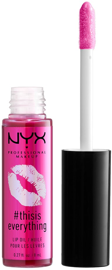 En rosa läppglans med svart lock, en borste med rosa gloss och NYX-logga på flaskan.