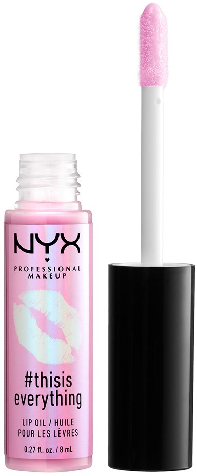 A NYX lip oil bottle with pink gloss and a black cap, showing the applicator with pink gloss attached.