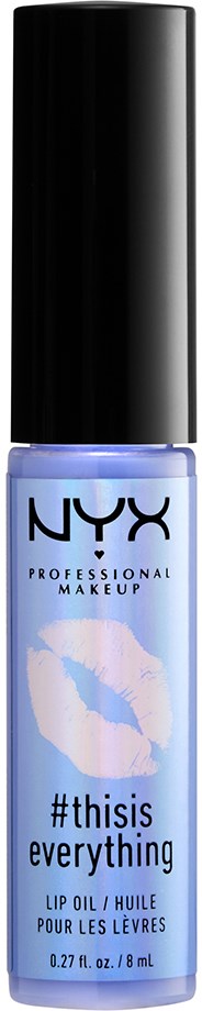 A purple lip oil bottle from NYX with a black cap and the label '#thisis everything'.
