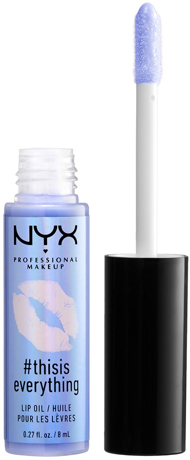 NYX lip oil in a small blue bottle with a black cap and applicator.