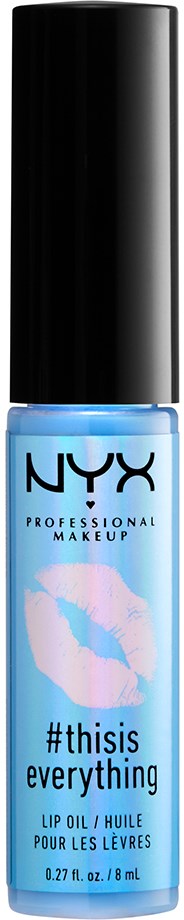 A blue lip oil bottle from NYX, labeled '#thisis everything,' with a lip print graphic.