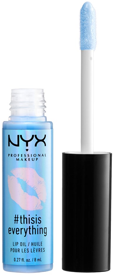 A NYX lip oil bottle with a blue label and wand applicator with blue gloss on it.